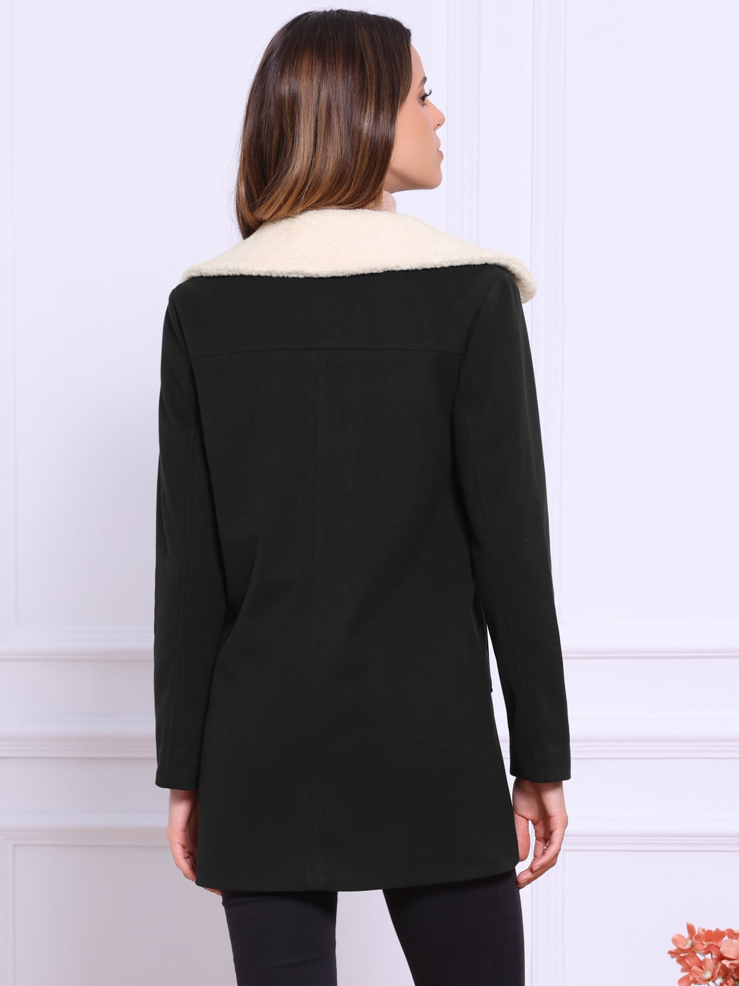 DARING DIVA Women's Winter Contrast Collar Overcoat Single Breasted Pea Coat XL Black