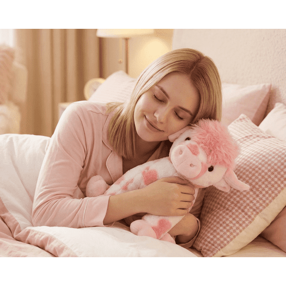 Cow Plush, Pink and White, Cute Stuff Fluffy Cattle Dolls Toys Figure Pillow Birthday Gifts 9.8", Valentine's Day