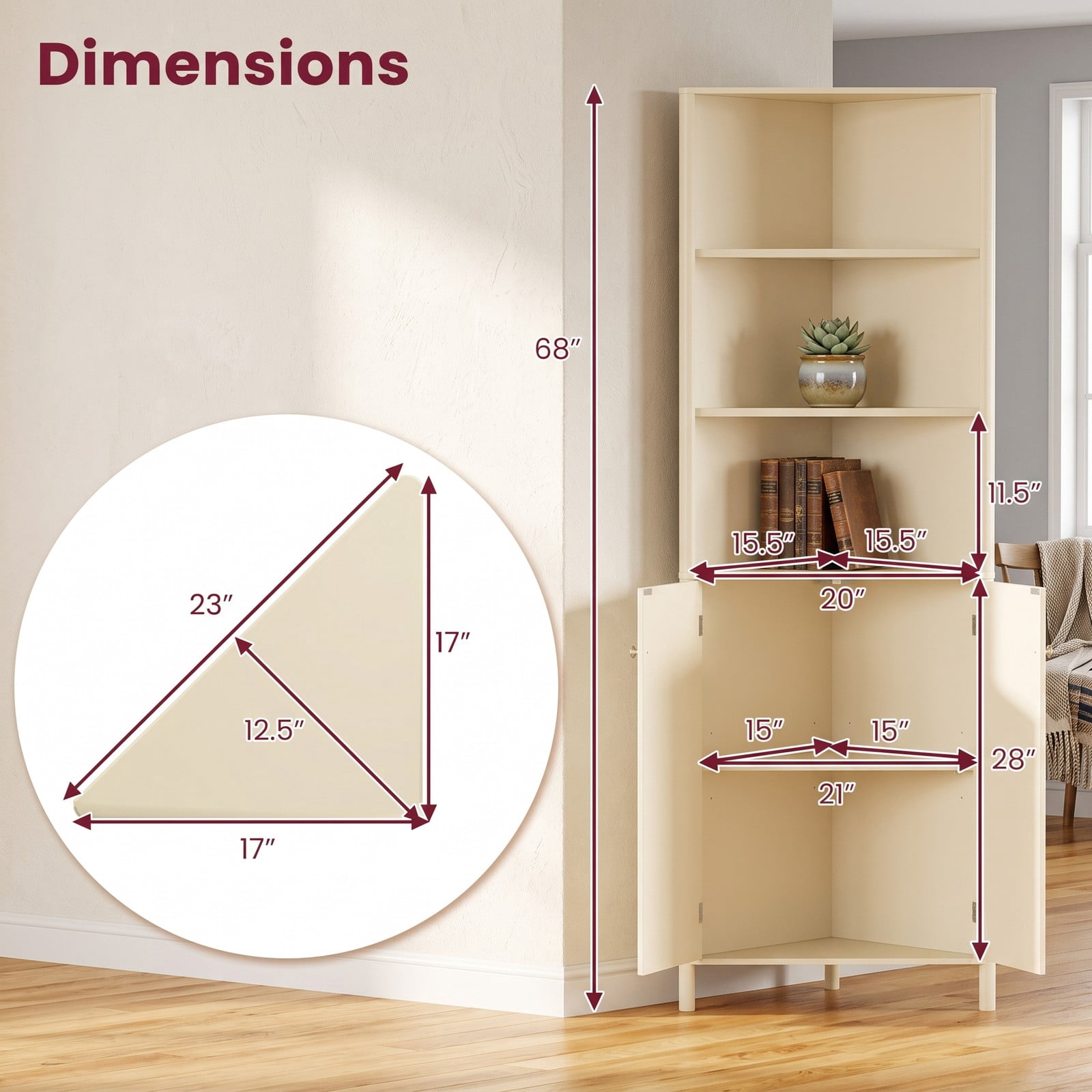 Fenbeli 68 Inch Tall Corner Cabinet, Freestanding Bathroom Storage Cabinet with 5 Shelves, 2 Fluted Doors, Adjustable Shelf and Anti-Tipping Kit for Living Room, Beige
