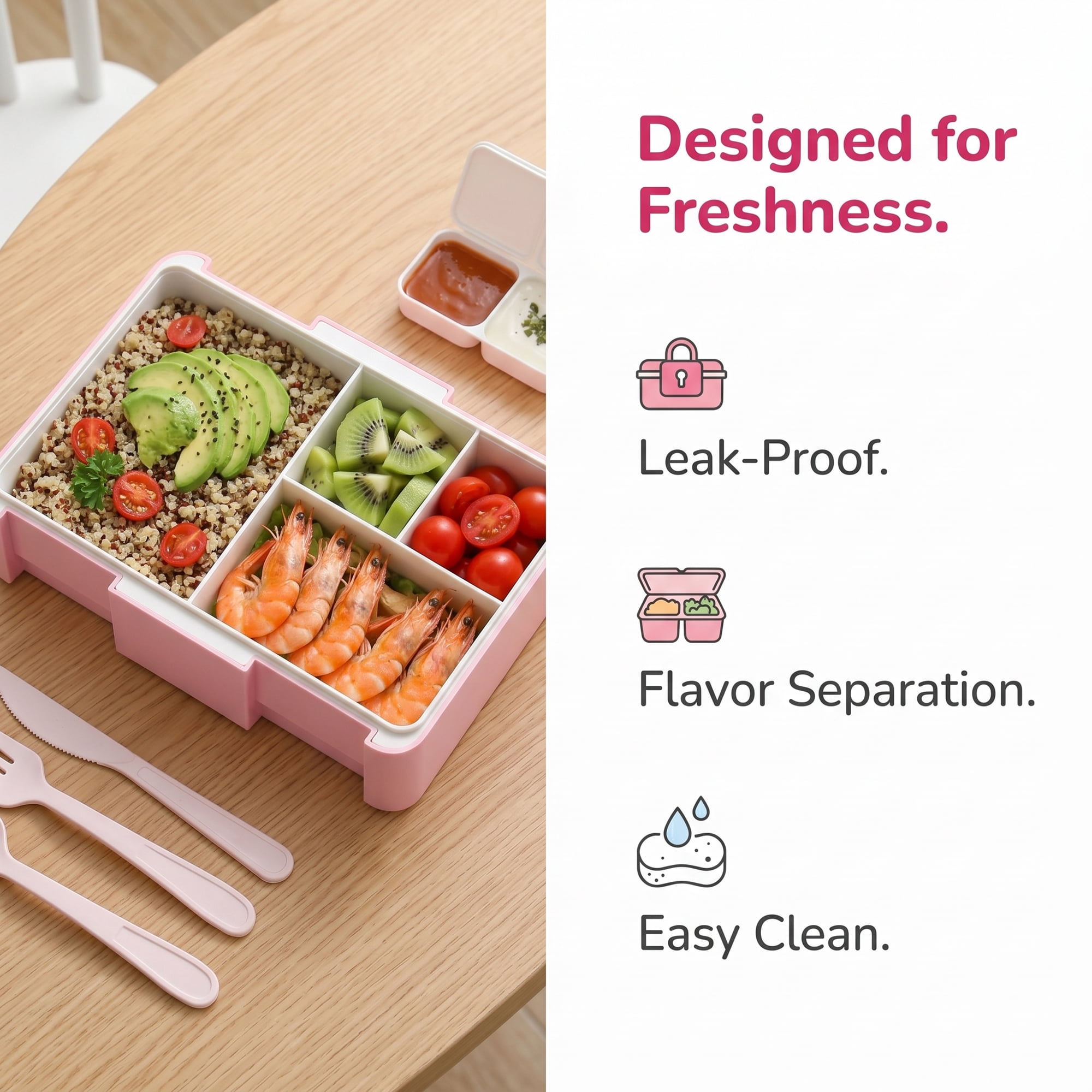 Unique Bargains 1450ml Leak-Proof Meal Prep Container Lunch Bento Box Rose Pink