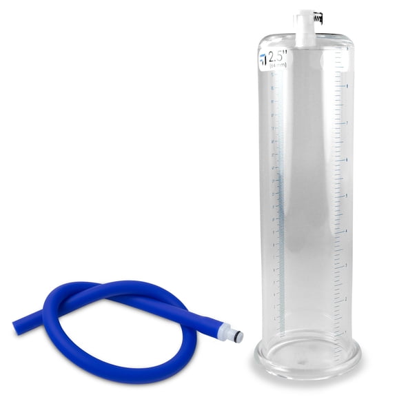 LeLuv 2.50 inch Diameter x 9 inch Length Penis Pump Cylinder with 12 inch Blue Silicone Hose and Locking Fittings