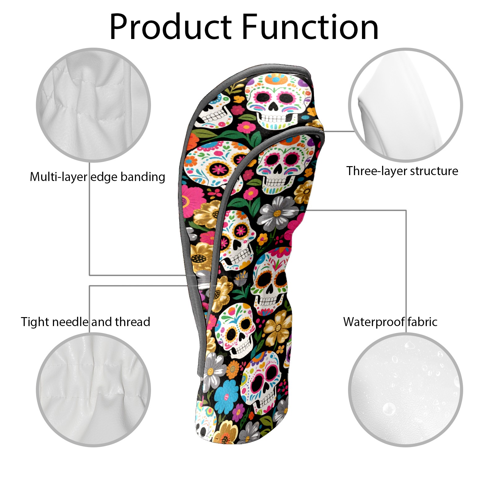 Golf Head Covers Colorful Flower Skull Design for Driver, Wood & Hybrid, Premium Waterproof PU Leather with Plush Lining, Edgy Floral Golf Gifts