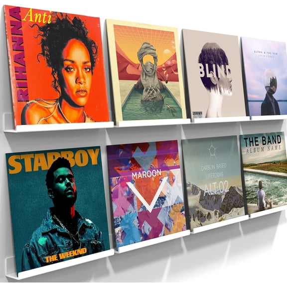 Acrylic Vinyl Record Holder Wall Mount – 8 Pack 12-Inch Floating Vinyl Shelves, White Record Display Frames for LP Albums & Wall Decor