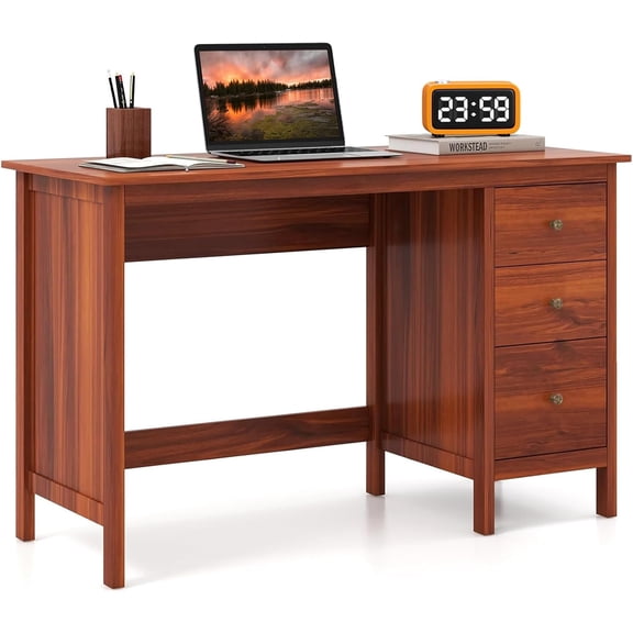 POWERSTONE 48 Inch Computer Desk with 3 Drawers Storage Computer Desk for Home Office Bedroom, Large Study Writing Desk Home Office Desks Workstation (Red Brown)