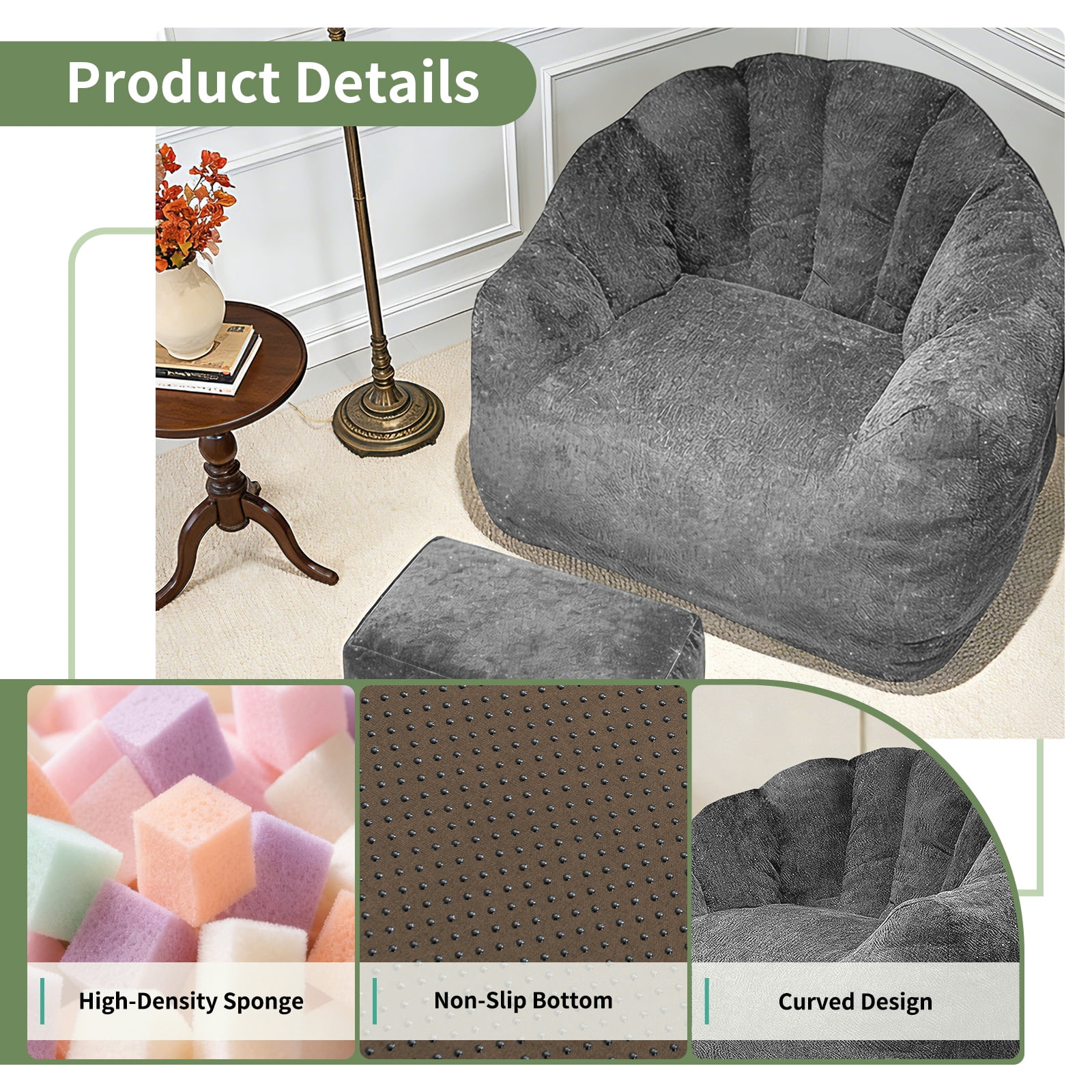Hommoo Bean bag chair, armrest bean bag sofa chair filled with high-density foam, comfortable lazy sofa chair, adult bean bag chair for Home, Gray