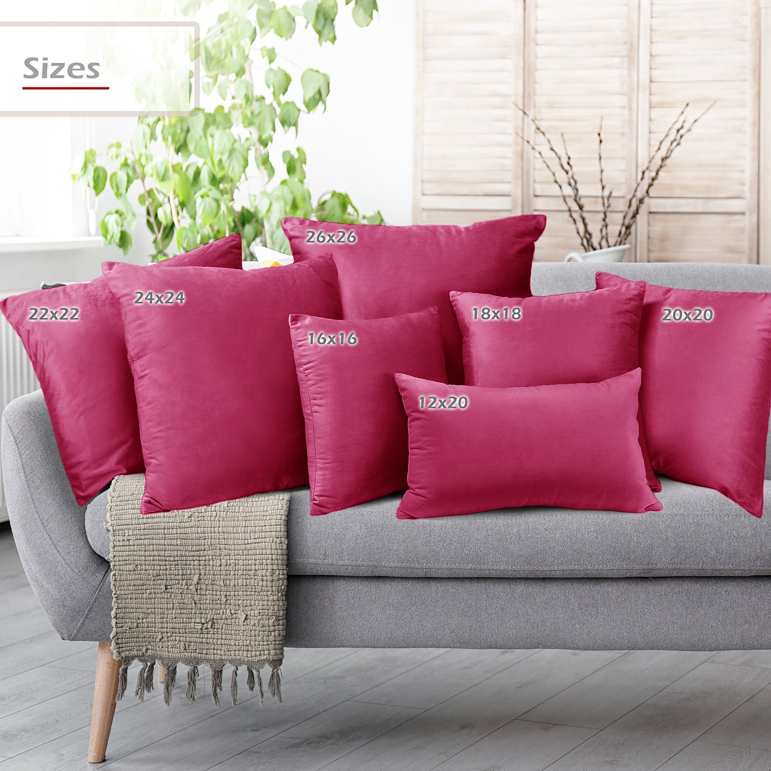 Clara Clark Plush Solid Decorative Microfiber Square Throw Pillow Cover with Throw Pillow Insert for Couch, Hot Pink, 28"x28"", 4 Piece Decorative Soft Throw Pillow Set