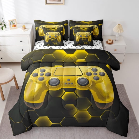 Erosebridal Vintage Gamepad Bedding Sets Twin Size, Yellow Comforter Sets with Sheets, Honeycomb Geometry Decor, Reversible 7pcs