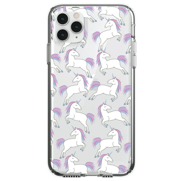 DistinctInk Clear Shockproof Hybrid Case for iPhone 12 MINI (5.4" Screen) - TPU Bumper, Acrylic Back, Tempered Glass Screen Protector - Repeating Pastel Unicorns