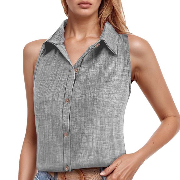 VNKIDY Womens Sleeveless Collared Button Front Tank Top Solid Color Casual Workwear Blouse For Summer Office Daily Wear Grey