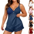 thumbnail image 2 of Fengactive Womens Plus Size Lace Satin Set Double Strap V Neck Top and Lace Hem Shorts Sleepwear, 2 of 7