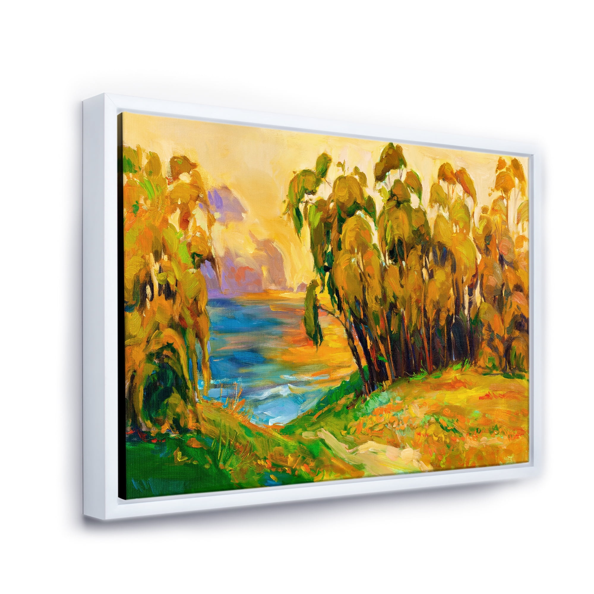 Designart 'Brown Trees By The Riverside During Evenign Glow' Traditional Framed Canvas Wall Art Print