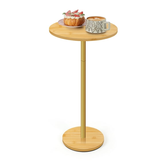 Bamboo Side Table, Round End Table with Gold Metal Leg for Living Room, Bedroom, Small Spaces