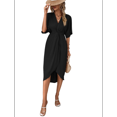 thumbnail image 3 of Short Sleeve Dresses for Women V Neck Pleated Slim Fit Flowy Swing Shift Irregular Midi Dress Black S, 3 of 9