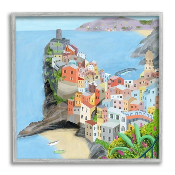 Stupell Industries Cinque Terre Coastal City Architecture Italian Landmark Travel & Places Painting Gray Framed Art Print Wall Art, 24 x 24