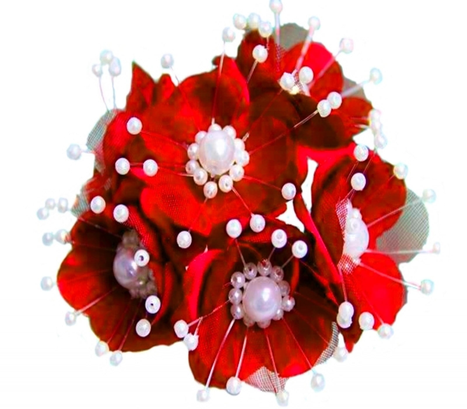36 Wedding Bridal Pearl Satin Organza Flower Favor Pick Red