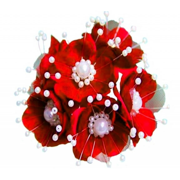 36 Wedding Bridal Pearl Satin Organza Flower Favor Pick - Red