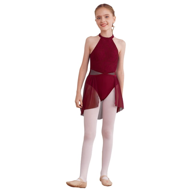 MSemis Robe de Danse Moderne de Ballet Lyrique pour Filles, Robe de Patinage Artistique, Justaucorps de Performance, Jupe Tutu Bourgogne 6
