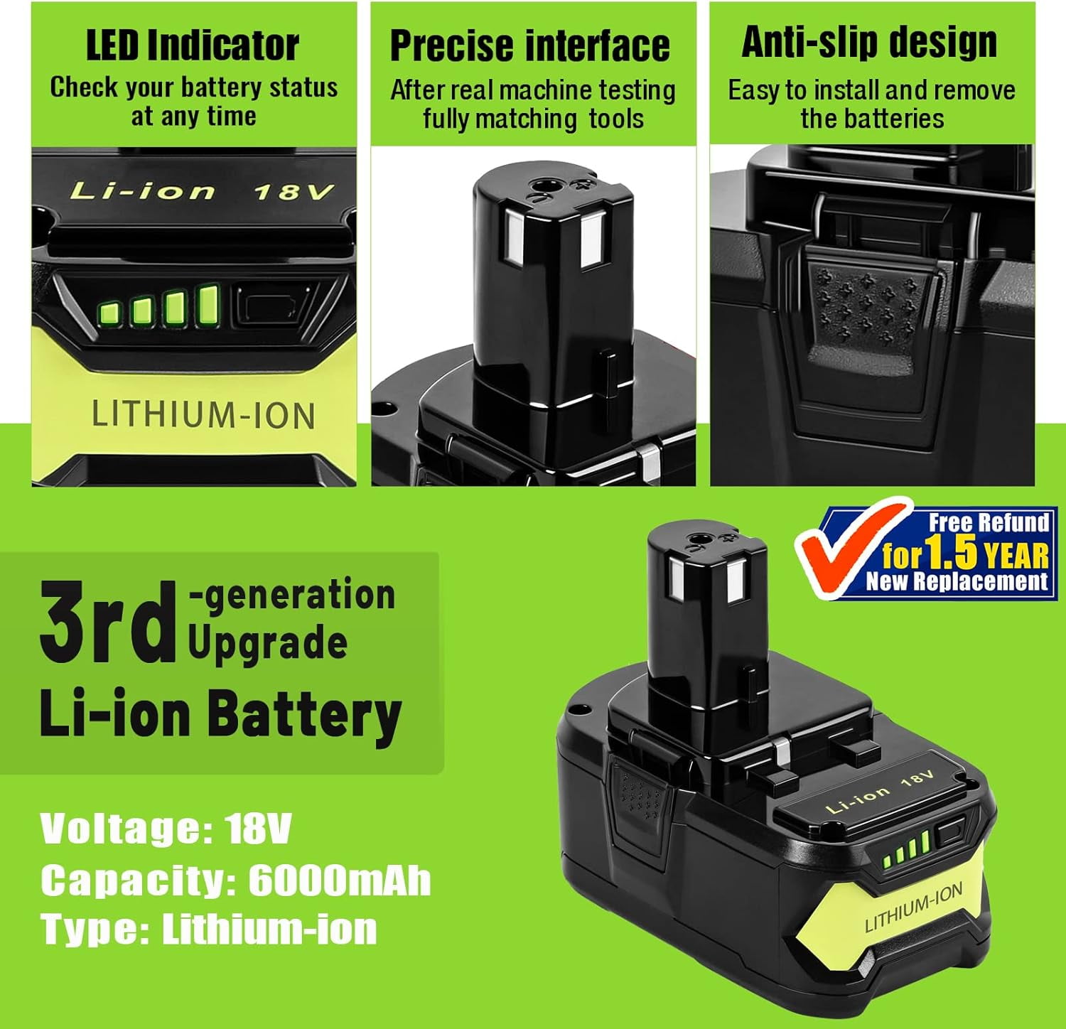P108 Battery Replacement for Ryobi 18V 6.0 Ah Li-ion Replacement for Ryobi 18VBattery for P102 P108 P189 P190 P197 P100 P107 for Ryobi18V Battery Cordless Tool 2PACK