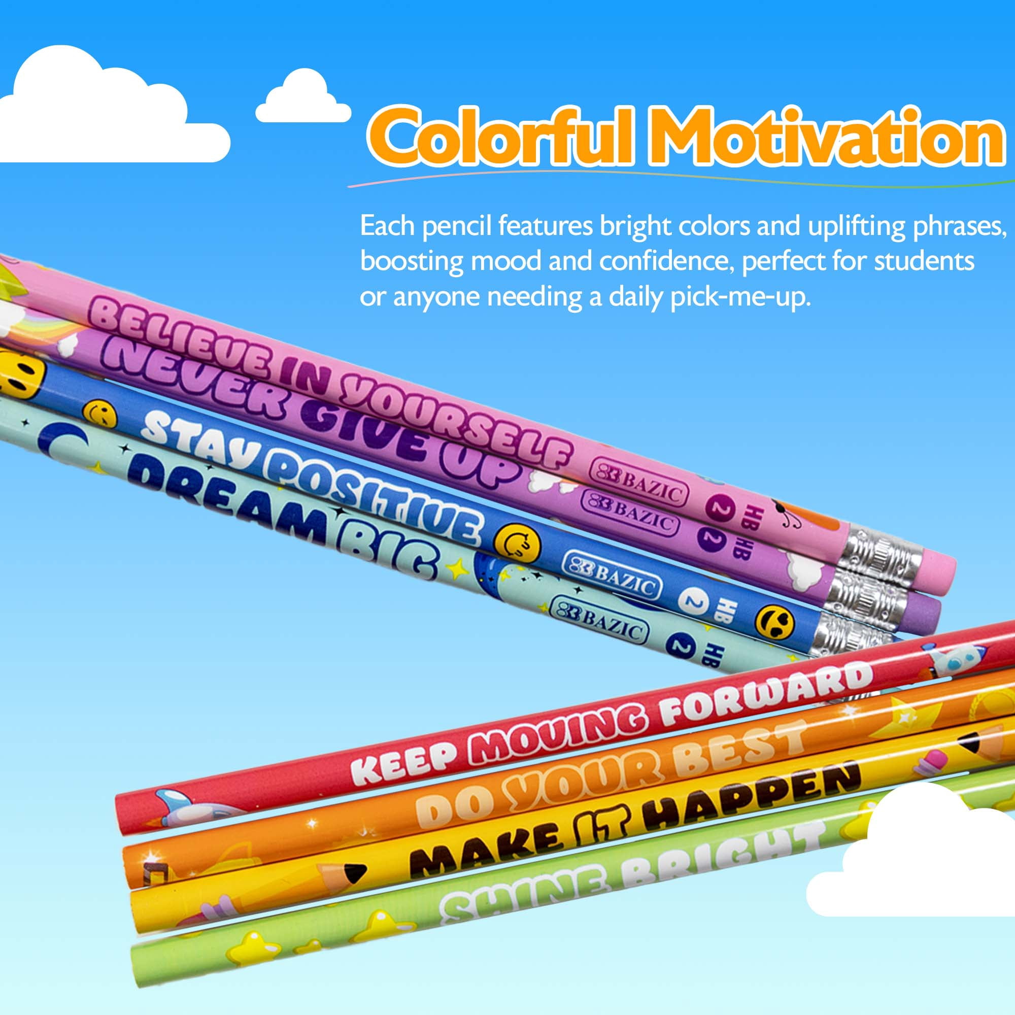 BAZIC Products Motivational Pencils w/Eraser 24 Packs (192 Pcs), Inspirational School Pencils for Students Classroom Cute Fun Wood Pencil