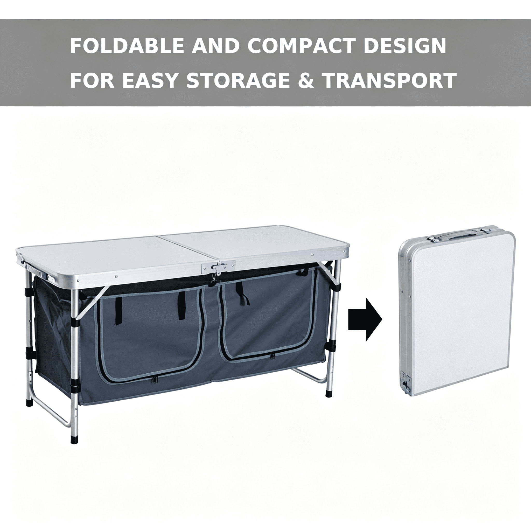 47" Aluminum Portable Camping Table, Folding Picnic Table with Handle & Storage, Silver