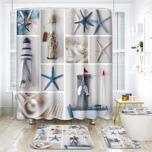Juego de 4 cortinas de ducha con diseño náutico de verano, conchas marinas, faro de playa, perla, arena, conchas marinas, botella, azul, blanco, océano, con alfombrillas antideslizantes, tapa de