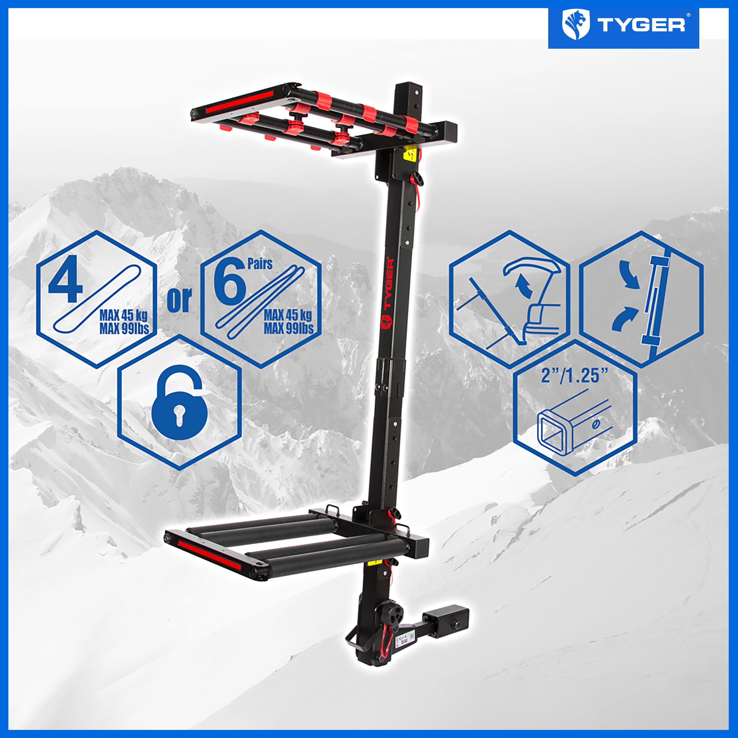 Tyger Auto TG RK1B707B Folding Hitch Mounted Ski Snowboard Rack