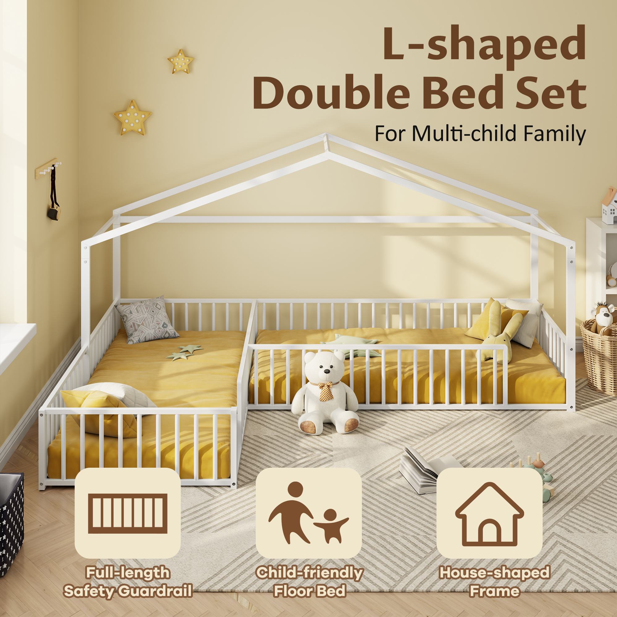 Euroco Metal L-Shaped Twin Size House Platform Bed, Double Montessori Bed with Fence, White