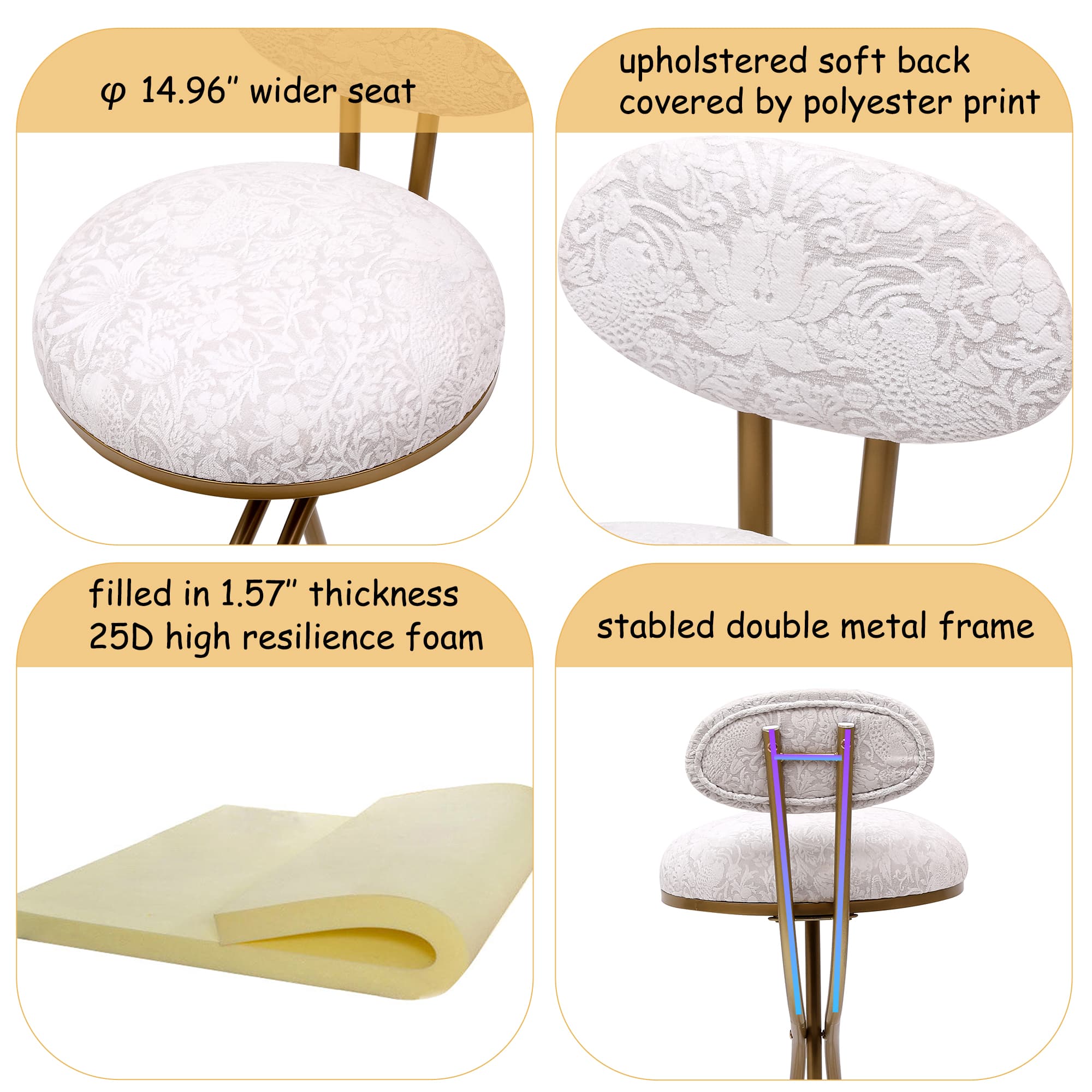 MAYEERTY S-Shaped Gold Bar Stools Set of 2 - with Backrest, Floral Print, Counter Height for Kitchen Island (Gold & White)