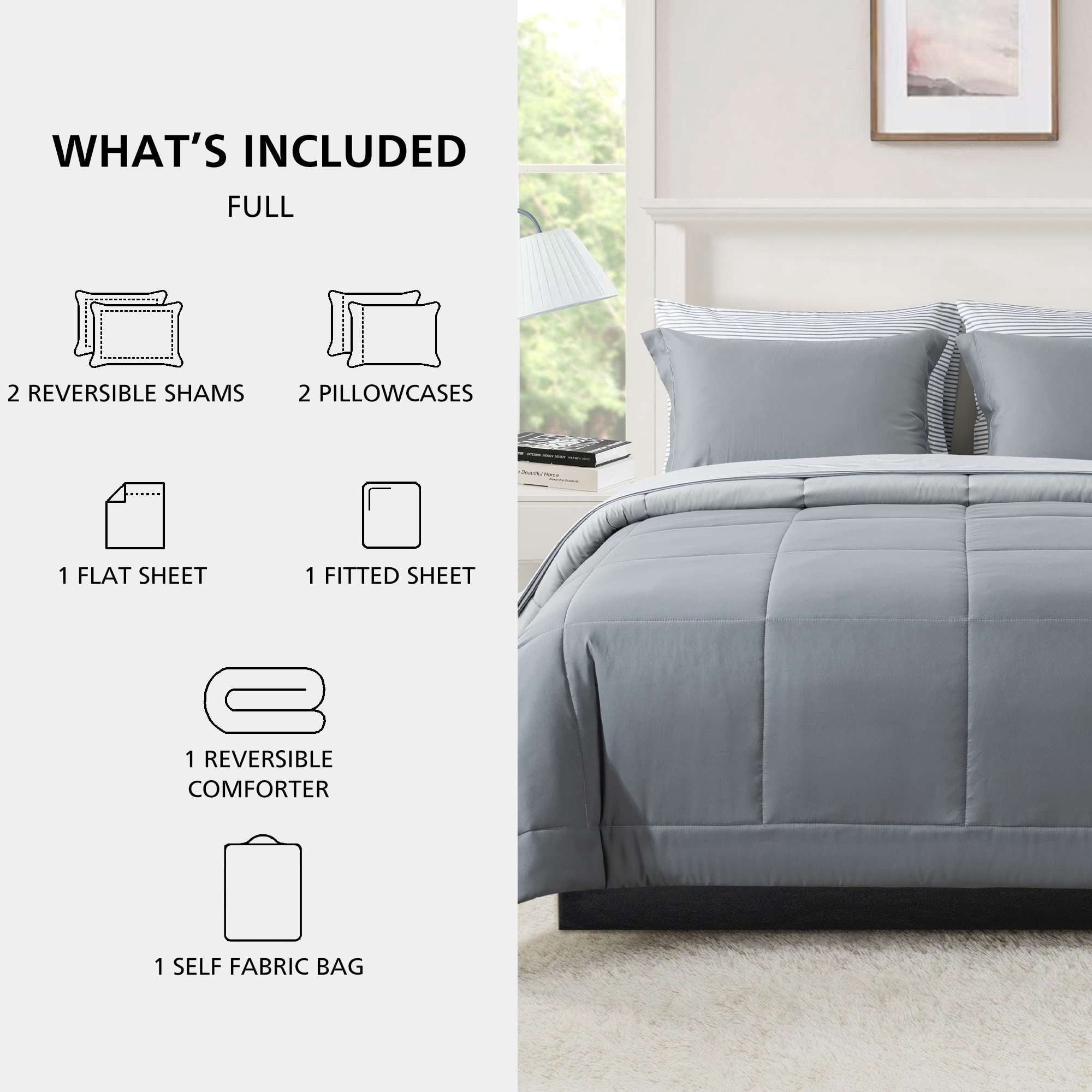 Mainstays Reversible Bed-in-a-Bag Comforter and Sheet Set, 7-Piece, Full, Gray