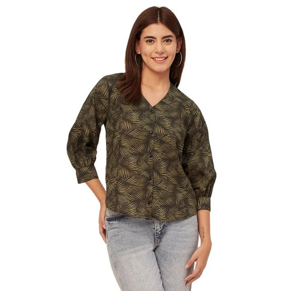 Moomaya Chic Printed V Neck Cotton Shirt - 3/4 Sleeves Regular Fit Casual Top