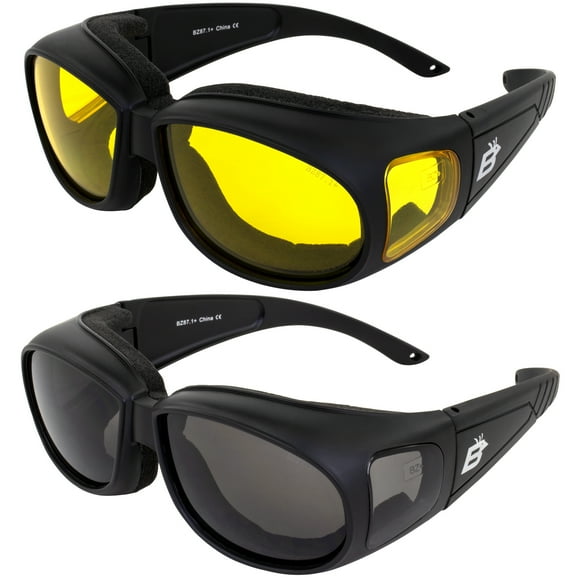 2 Pairs Birdz Swallow Foam Padded Motorcycle Riding Glasses Black Frame Smoke/Yellow Lens