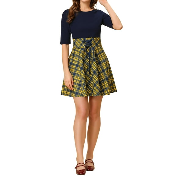 INSPIRE CHIC Women's Round Neck Stitching Dress Half Sleeves Tie Decor A-Line Plaid Dress Yellow Blue L