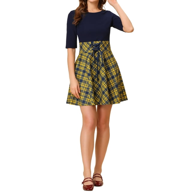 Vestido de punto de cuello redondo de mujer Allerga K con mangas cortas y decoración de lazo, vestido de cuadros en amarillo y azul M