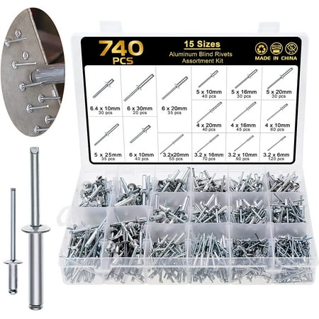 

HSEAMALL 740pcs Blind Rivets，6.4mm/6mm/5mm/4mm/3.2mm Aluminum Blind Rivets Dome Head Rivet，Open End Pop Rivets Core Pulling Rivets