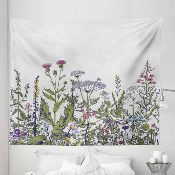 Spring Tapestry, Colorful Thriving Garden with Herbs and Flowers Pattern Seasonal Rural Field Meadow, Fabric Wall Hanging Decor for Bedroom Living Room Dorm, 5 Sizes, Multicolor, by Ambesonne