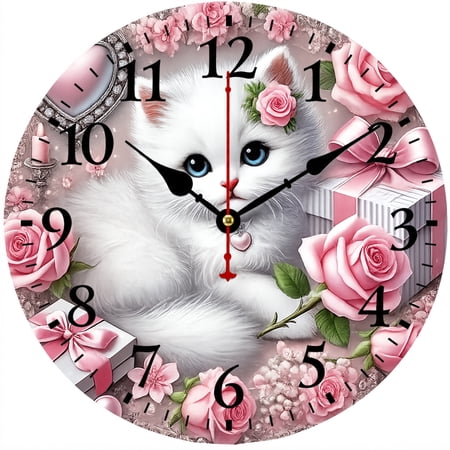 9.84 Inch Cute Cat Wall Clock, Pink Rose Decorative Wall Clock, Battery Operated Analog Clock, Easy to Read for Bedroom Living Room