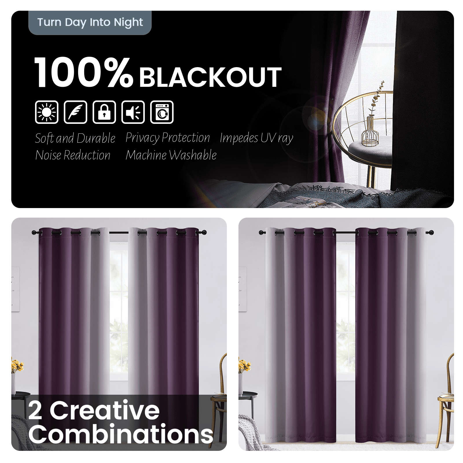 Yakamok 100% Blackout Curtains 84 Inch Length 2 Layers,Purple Curtains for Bedroom Ombre Room Darkening Grommet Gradient Drapes, Light Blocking Thermal Insulated Window Curtains for Living Room