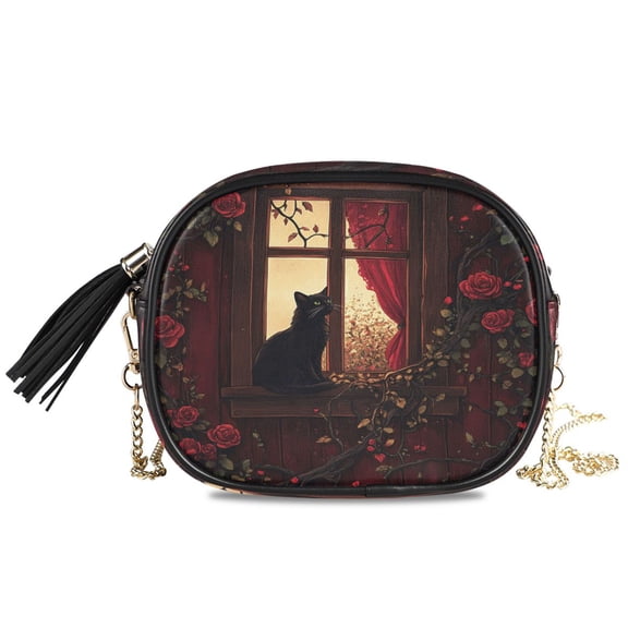 Womens Casual Chain Shoulder Bag Simple style Cat Gazing at Roses Crossbody Bag