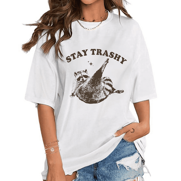 Stay Trashy Print Tshirts Retro Funny Racoon Graphic Tees Meme Raccoon Lover Casual Short Sleeve Tops Cotton Shirts for Daily Outfits White,S
