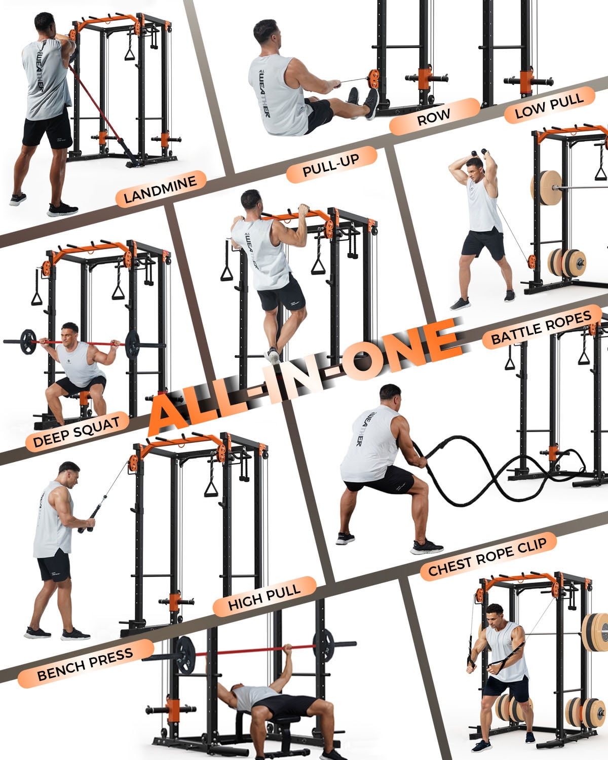 GARVEE Multi-Functional Squat Rack with LAT Pulldown System Exercise Power Cages,2000lb Capacity,Black&Orange