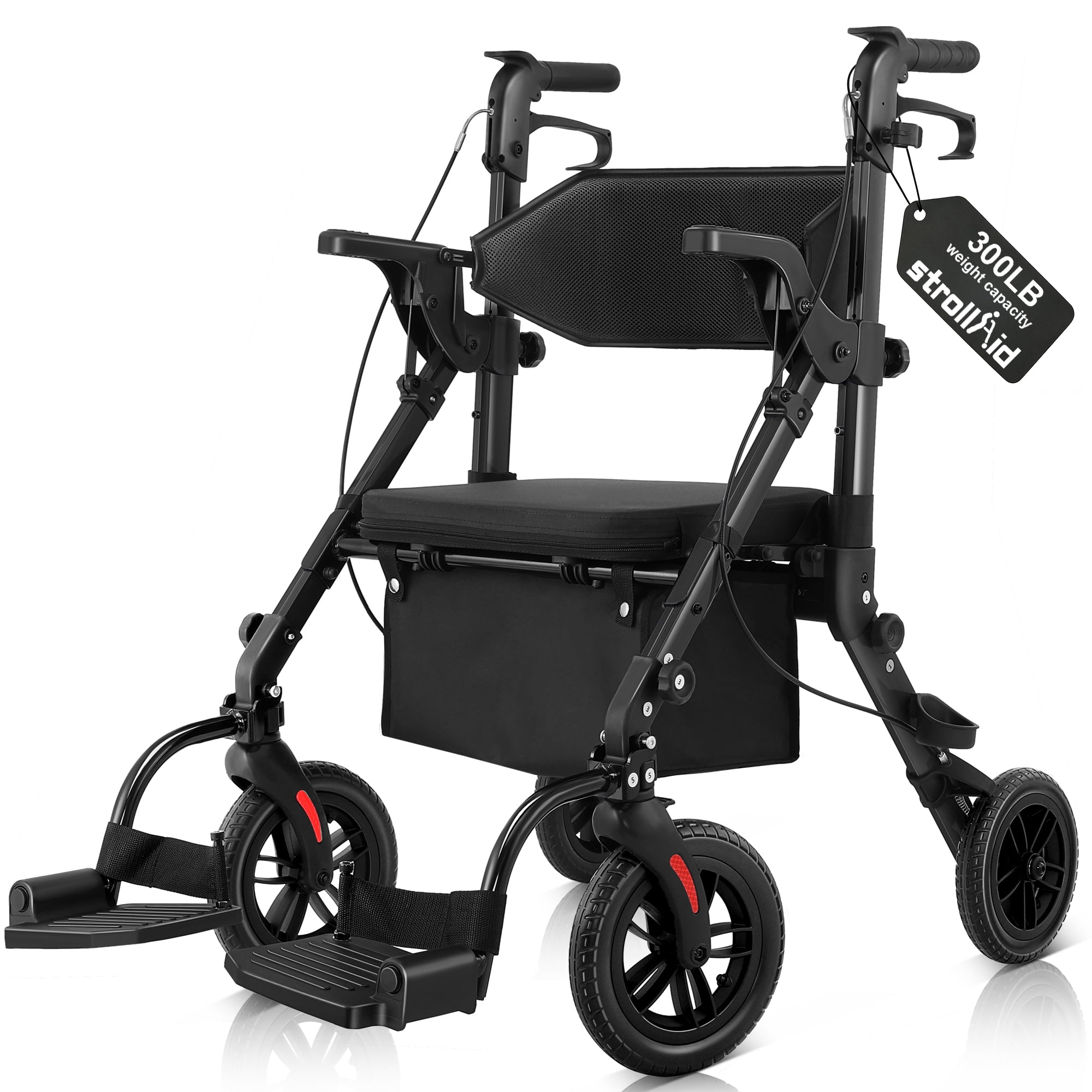 StrollAid Rollator Walker for Seniors, 2 in 1 Rolling Walker Transport Wheelchair Combo, Lightweight Foldable, Adjustable Seat & Handle, 10" Big Wheels with Safety Brakes, Black, 300 Lb
