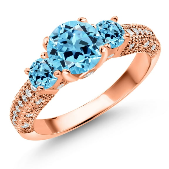 Gem Stone King 18K Rose Gold Plated Silver Swiss Blue Topaz and White Moissanite Engagement Ring for Women (2.44 Cttw, Gemstone November Birthstone, Round 7MM and 4MM, Size 5)