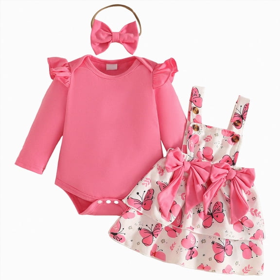 CAICJ98 Baby Girl Clothes Fall Winter Outfit Long Sleeve Ruffle Romper Plaid Skirt Bow Headband 3 Pcs Set (Pink,6-9 Months)