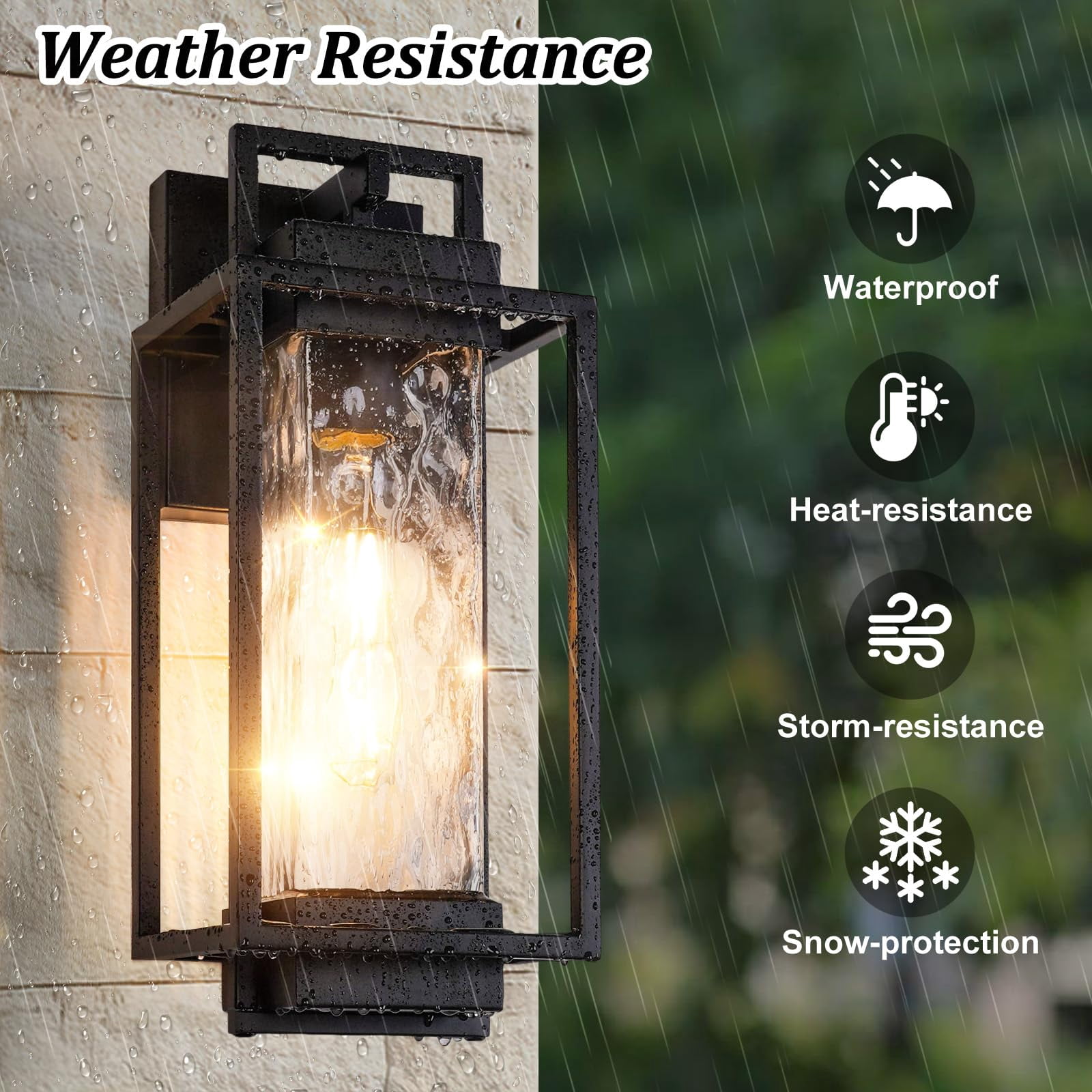 2-pack Modern Outdoor Wall Lights With 2 Led Bulbs  15'' Exterior Lighting Fixtures Mount Water Ripple Glass Black Porch Sconces Outside For House Garage