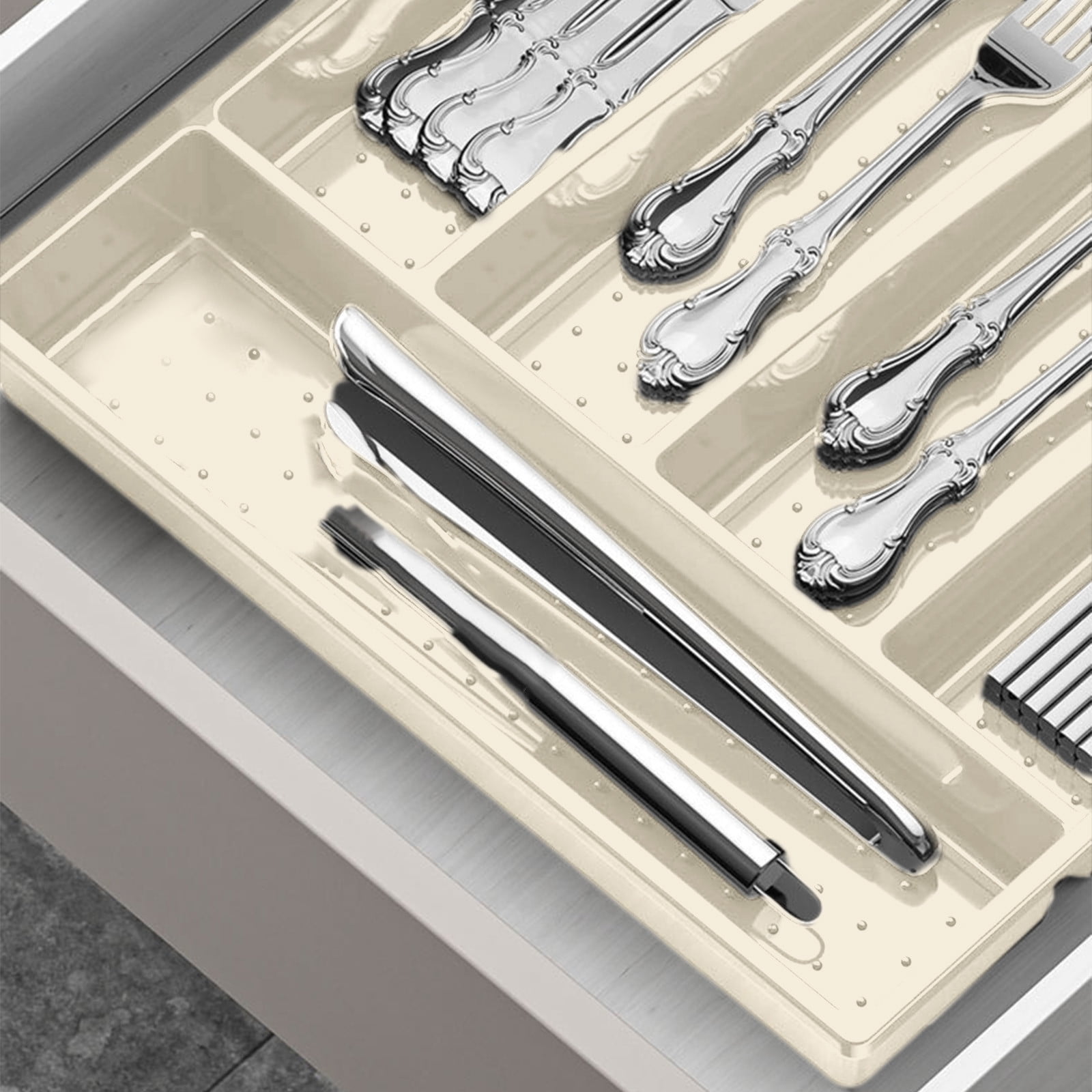 Weloille Silverware Drawer Organizer, Expandable Utensil Tray for Kitchen, Flatware and Cutlery Holder, Adjustable Plastic Storage for Spoons Forks Knives, Large, Beige