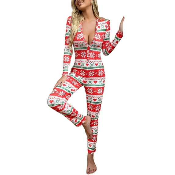 Carolilly Women Pajamas Jumpsuit, Christmas Cartoon Printed One-Piece Sleepwear