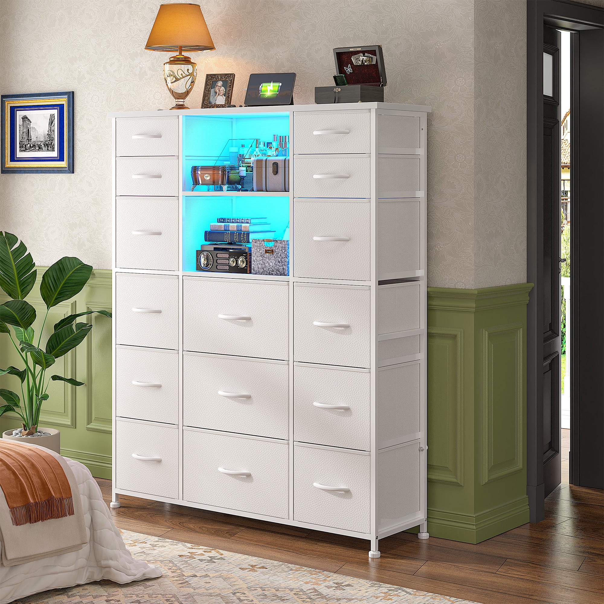 Romorgniz 51" H Dresser with 15 Fabric Drawers Tall Dresser for Bedroom with Charging Station & LED Lights, White