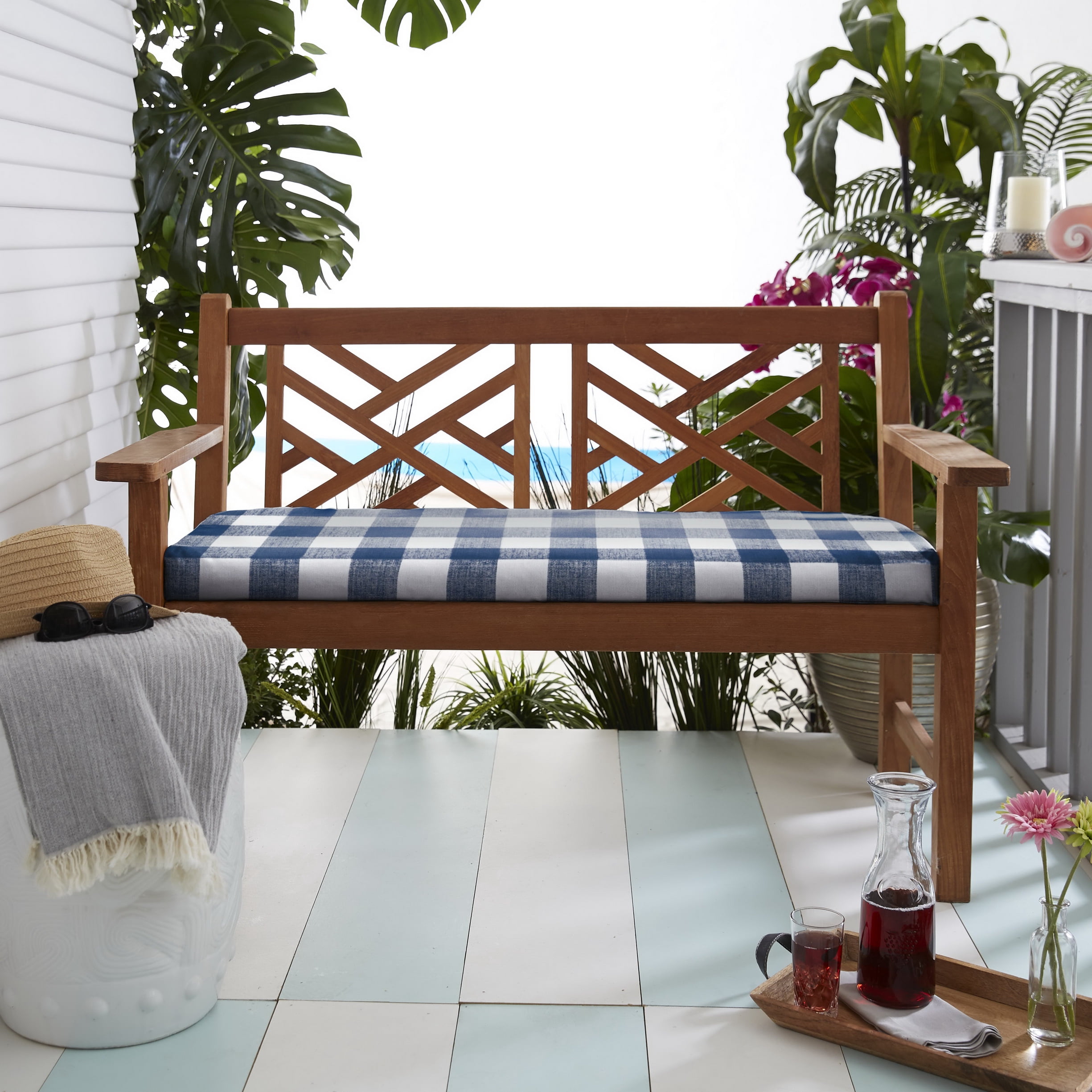 Sorra Home Dark Blue Buffalo Plaid Indoor/Outdoor Bench Cushion, Bristol
