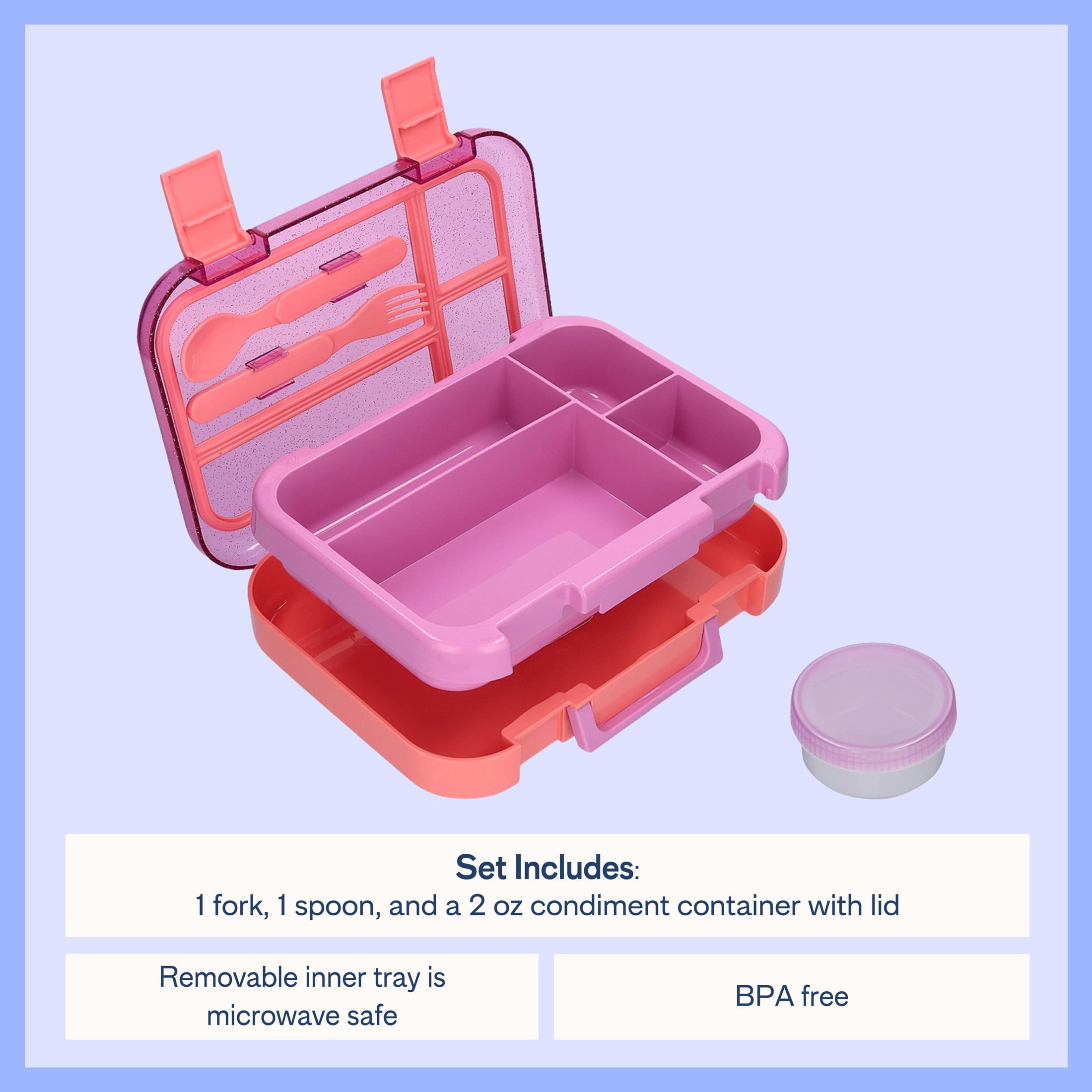 Mainstays Kids 4-Compartment Plastic Bento Box with Removable Tray, Fork, Spoon, and Dressing Container, Pink Glitter