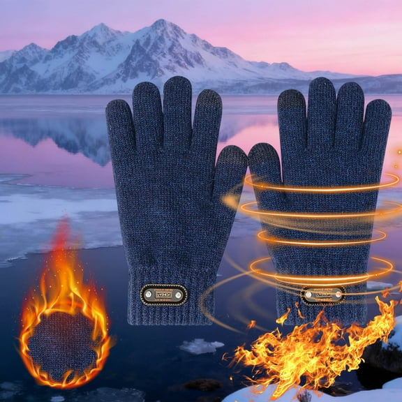 DAMAI Winter Cycling Thermal Wool Gloves For Men Enlarged Double-Layer Touch Screen Knitted Plus Velvet Thickened Gloves Five Fingers Knitted Thick Glove Windproof Finger Mittens